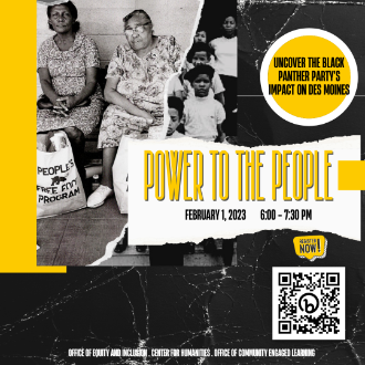 Two elderly African American women and a group of Black children near title: Power to the People advertising Feb 1st event